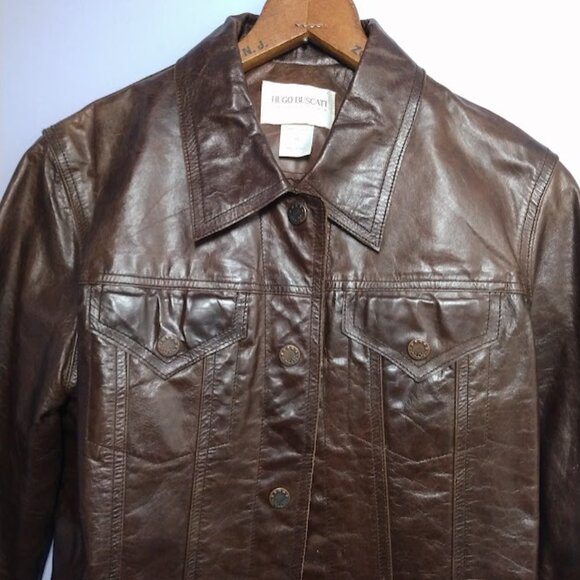 Hugo Buscati Leather Trucker Jacket Vintage Retro 70s Sz Med* Brown Snaps Lined - Picture 5 of 16